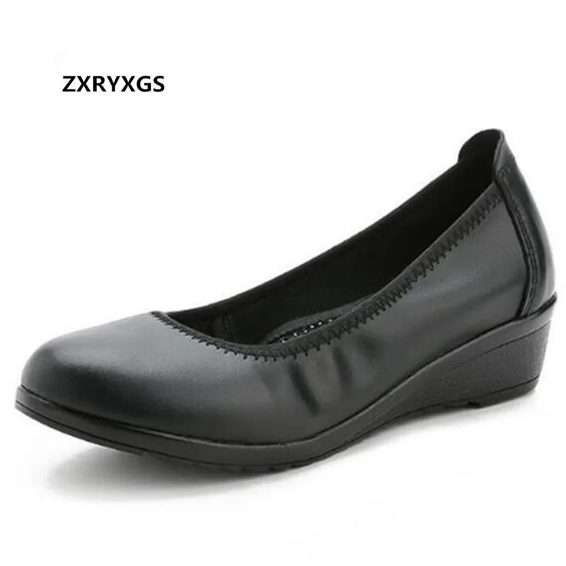 

2019 New Spring Women Shoes Black Comfortable Soft Genuine Leather Shoes Woman Wedges High Heels 4 Cm Work Mom Shoes Size 33-43