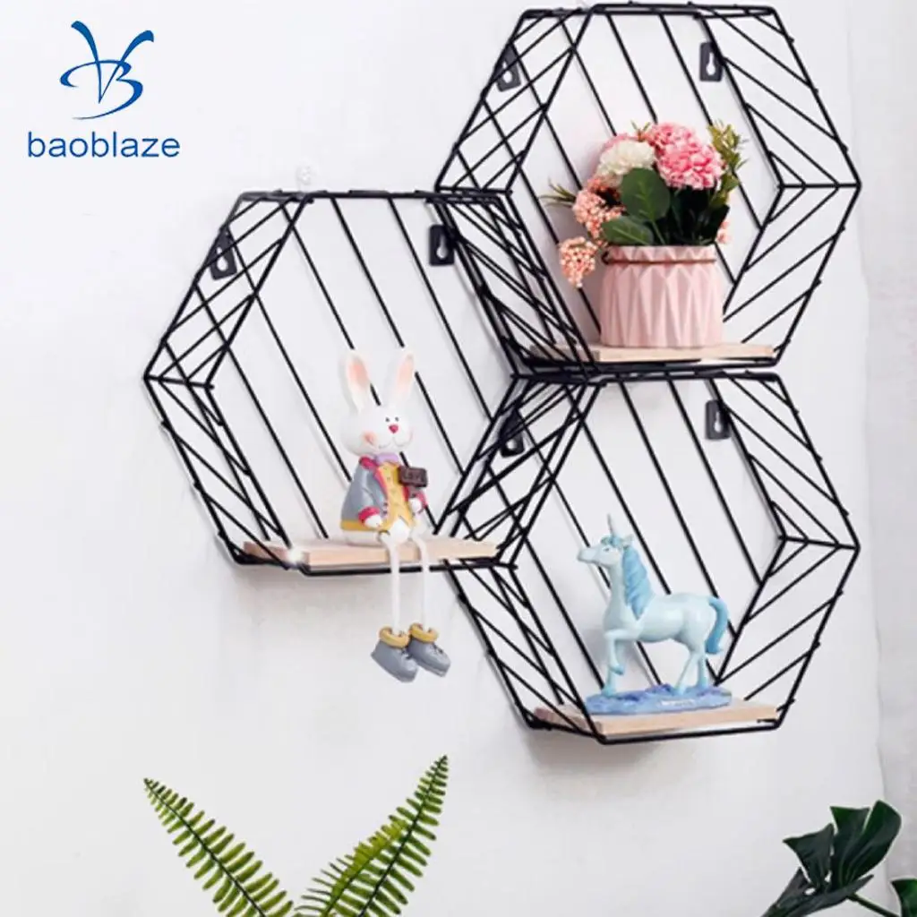 Baoblaze Hexagon Iron Wooden Wall Shelf Shadow Box Display Rack Shelf Storage Unit for Home Bedroom Balcony Passway