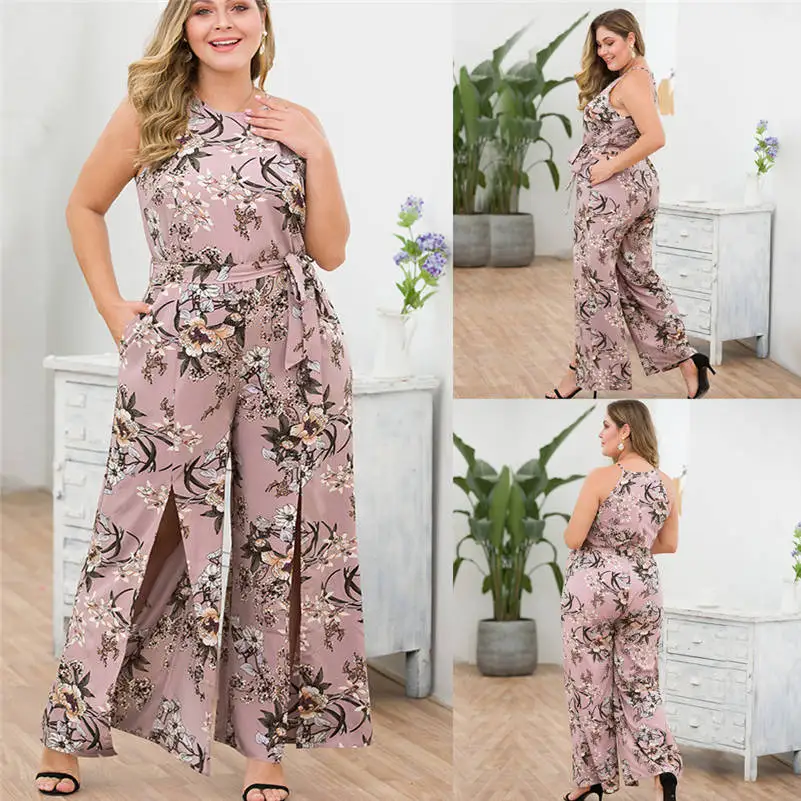 

2019 Rompers jumpsuit mono mujer Women Plus Size Sleeveless Suspender Pocket Split Wide Leg Print Jumpsuits Casual wild 661R4