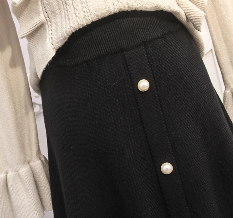 YoungGee Женская юбка-трапеция средней длины с высокой талией, элегантная осенне-зимняя вязаная Высококачественная Тюлевая юбка с бусинами черного и коричневого цвета