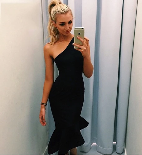 

Dropship Top Quality Red black white one shoulder Bandage Dress fluted hem Evening Party Elegant Bodycon Knitted Tight Dresses