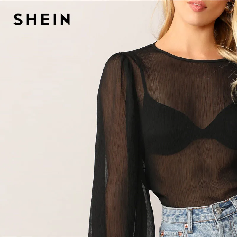 SHEIN, сексуальные женские топы с рукавом-фонариком, без бюстгальтера, черные, круглый вырез, длинный рукав, летняя блузка, Женские топы и блузки