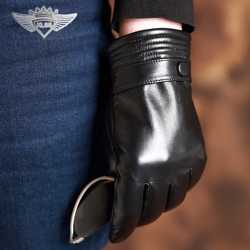 KLSS Брендовые мужские перчатки из натуральной кожи зимние Бархатные перчатки для вождения Модные трендовые высококачественные черные перчатки из козьей кожи J63