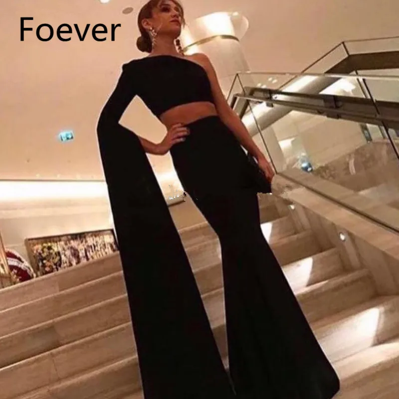 

Vestido de Festa Stretch Jersey One Shoulder Mermaid Two Piece Black Evening Dress One Long Sleeve 2019