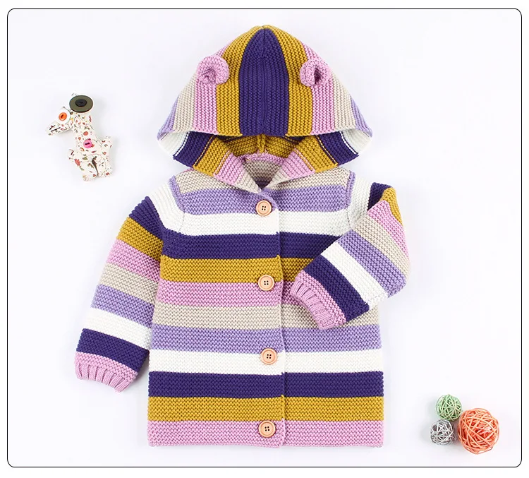 Модные свитера для маленьких мальчиков и девочек; От 3 месяцев до 2 лет; милый детский вязаный свитер в разноцветную полоску с капюшоном; осенне-зимний Кардиган; Одежда для девочек