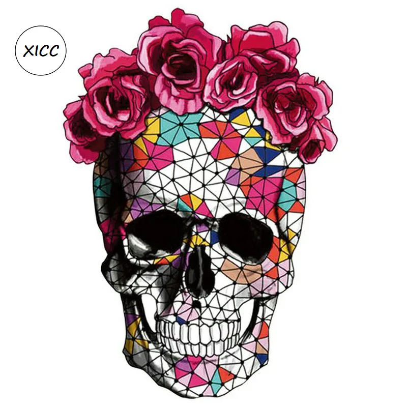 

XICC Wholesale Flower Skeleton Skull Shape Heat Transfer Patches A Grade Super Soft Colorful Iron On Riverdale Stickers Applique