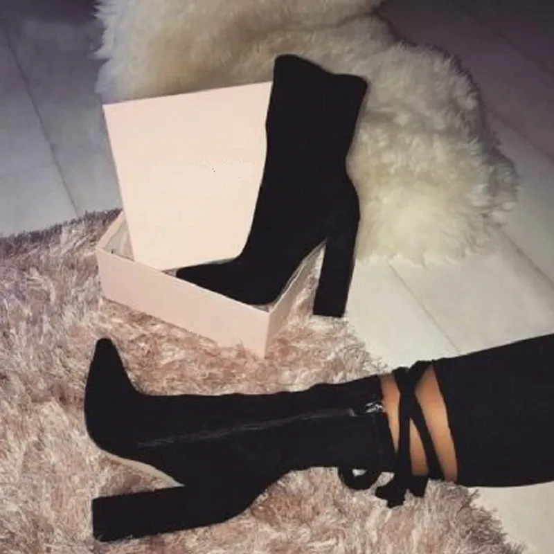 

2019 New Flock Ankle Boots Women For Autumn Winter Fashion Pointed Toe heel Zipper Woman Chelsea Boots Plus size 35-42