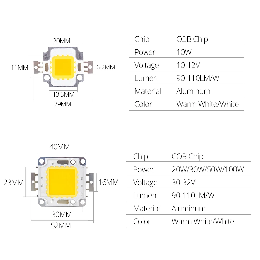 Интегрированный COB светодиодный чип 10 Вт 9-12V 20W 30W 50W 100W 30-36 V светодиодный бисер светодиодный чип COB для прожектора прожектор теплый белый