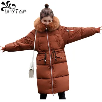 

UHYTGF Oversized Parker Women Winter Down Jacket Warm Outerwear Bread service Slim Long Jacket Female Loose plus size Coat 1057