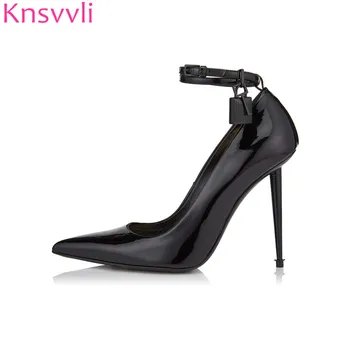 

New Classic Patent leather Shoes Woman Metal Thin Heels Pointed Toe Party Dress Shoes Lock Key Buckle Strap Sexy Women Pumps