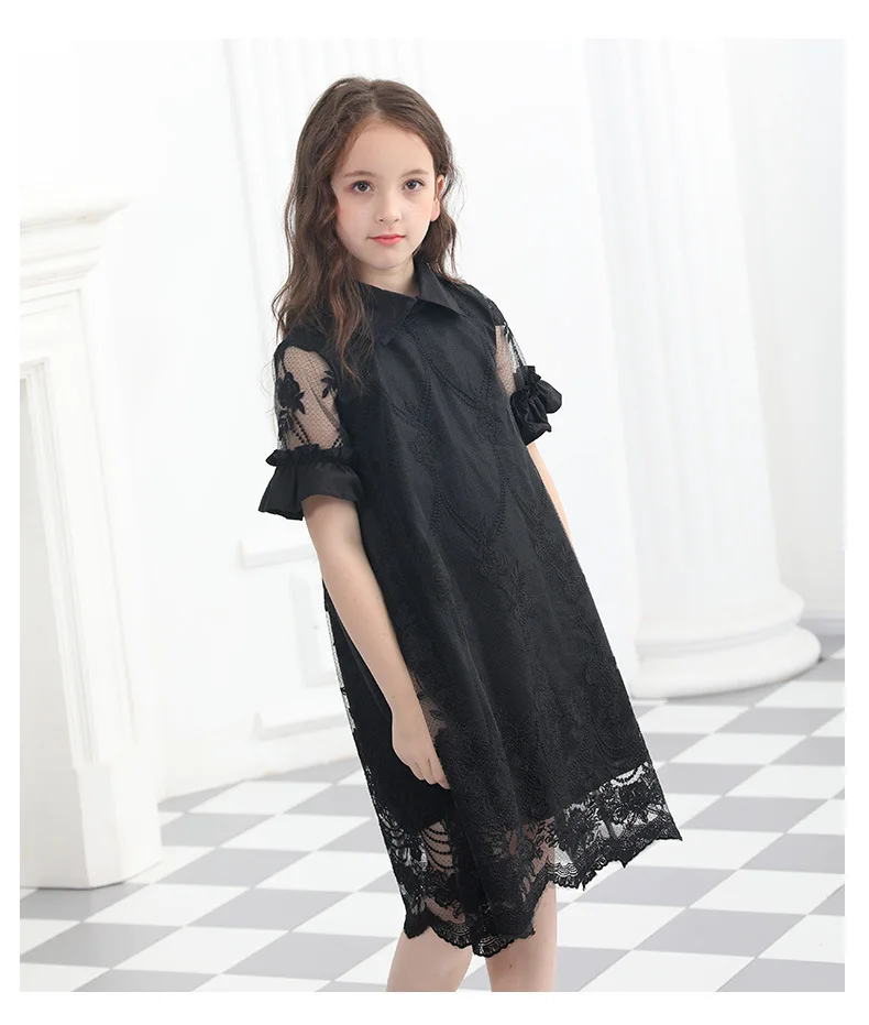 Kids Girls Dress Summer Black Short sleeve Petal Sleeve Chiffon Big