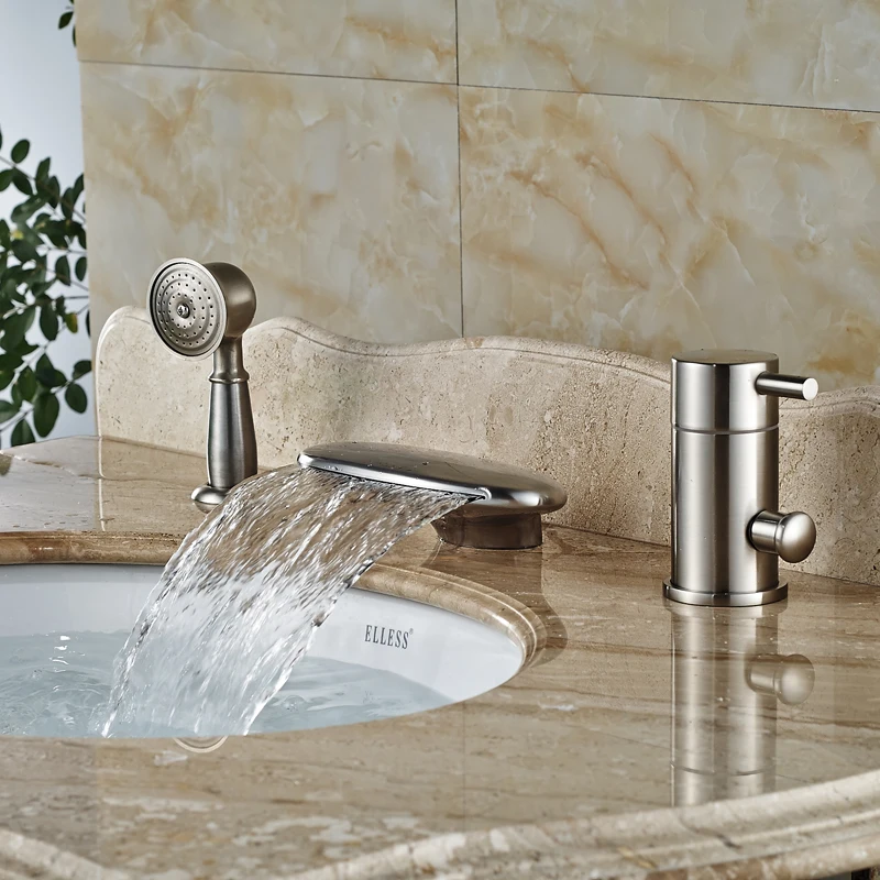 Deck Mount Widespread Curved Waterfall Spout Bathtub Faucet Set Single Handle with Hand Shower Tub Filler