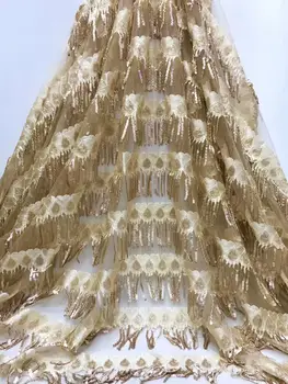 

African Lace Fabric 2019 High Quality 3D Lace Gold Line Color French Tulle Lace Fabrics With Sequins For African Parties