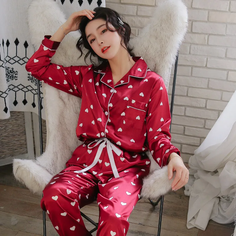 

New Arrivals Women Pyjamas Silk Satin Pajama Sets Korean Hearts Fashion Pijamas Nighty Sleepwear Comfy Spring Summer Clothes