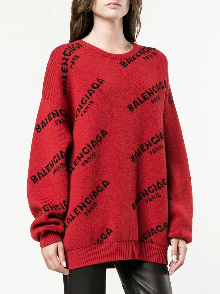 Red Pullover SweaterWomen Knitted Black Sweater Fashion Letter Pullover