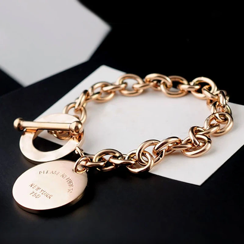 

Classic Brand Design Round Card OT Button Bangle Top Stainless Steel Gold Silver Color Bracelets Women Men Lover's Jewelry