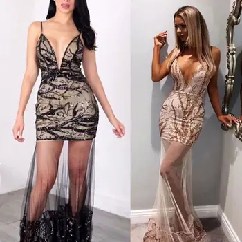 

2019 Dress Sexy Spaghetti Strap Backless V Neck Women See-Through Sequined Sleeveless Night Club Bandage Dresses Wholesale