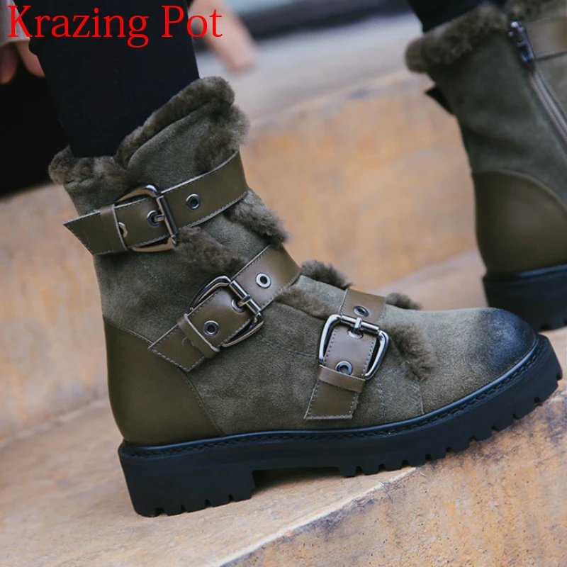 

2018 New Arrival Snow Boots Cow Suede Fur Round Toe Keep Warm Motorcycle Winter Shoes Luxury Metal Buckle Women Ankle Boots L91