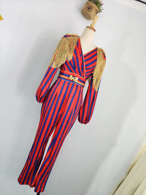 Одежда высшего качества красные, синие в полоску золотистой кисточкой модные Комбинезоны для женщин партии Комбинезоны для женщин L-456