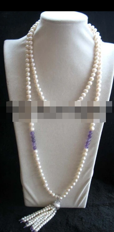

~~ 11.25 freshwater pearl white round &amethyst hook pendant necklace 48" Discount 35%