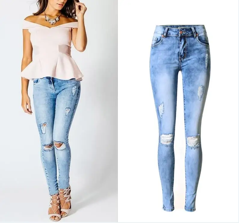 

Size 44 New 2017 Hot hole ripped jeans women pants Fashion Ladies Stretchy Denim Pants Womens Skinny Jeans For Female