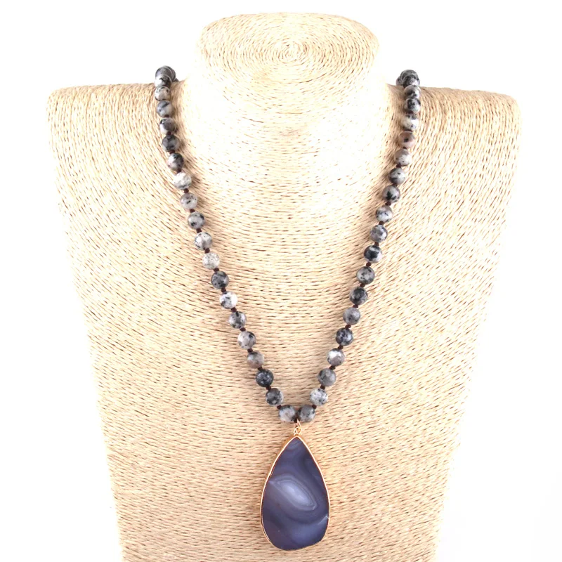 

Fashion Semi Precious Stones long Knotted Natural Stone Agat Pendant Necklace For Women Ethnic Necklace