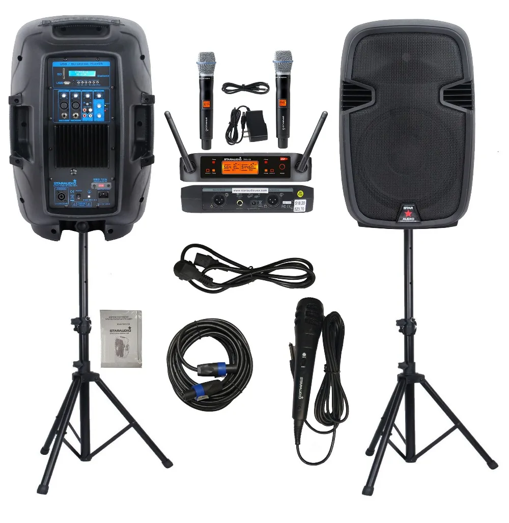 STARAUDIO Pair Pro DJ Active 2000W 12 Inch PA Speakers PA DJ Stands 2CH UHF Wireless Handheld