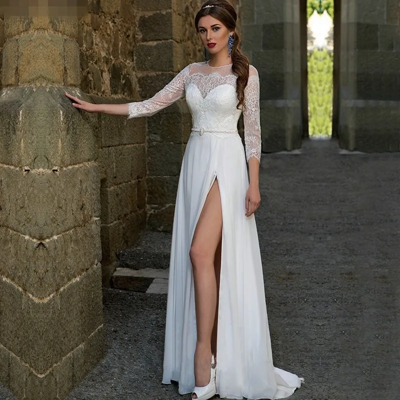 Vestido noiva boho Abiti Da Sposa con spacco 2017 nuovo o collo appliques  lace maniche lunghe da sposa guest gown donne si sposano abito|boho wedding  dress|wedding dress with slitwedding dress - AliExpress