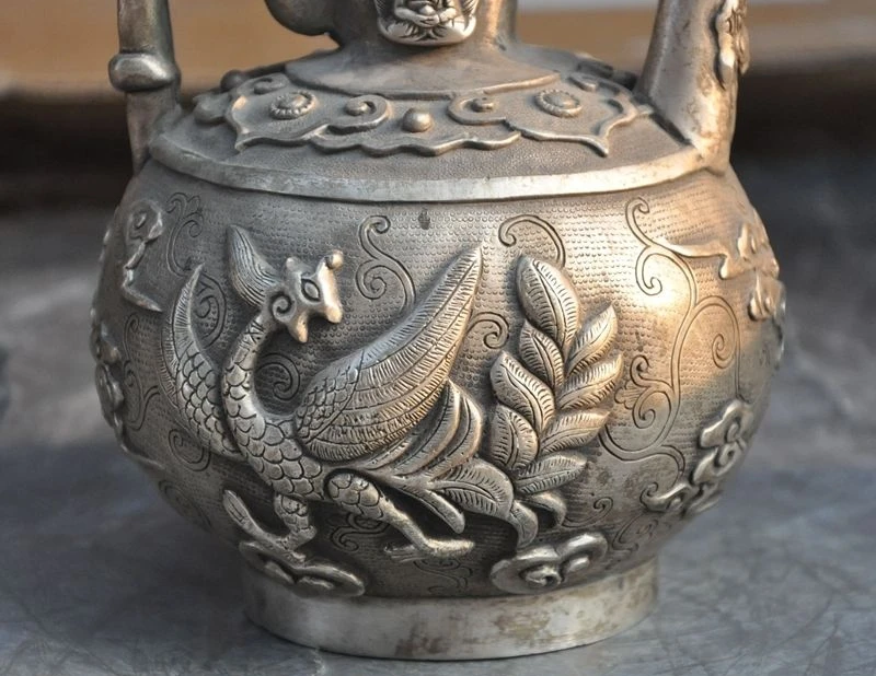 

7"Old Tibet Silver Phoenix bird Tsongkhapa Buddha statue Wine TeaPot Flagon pot