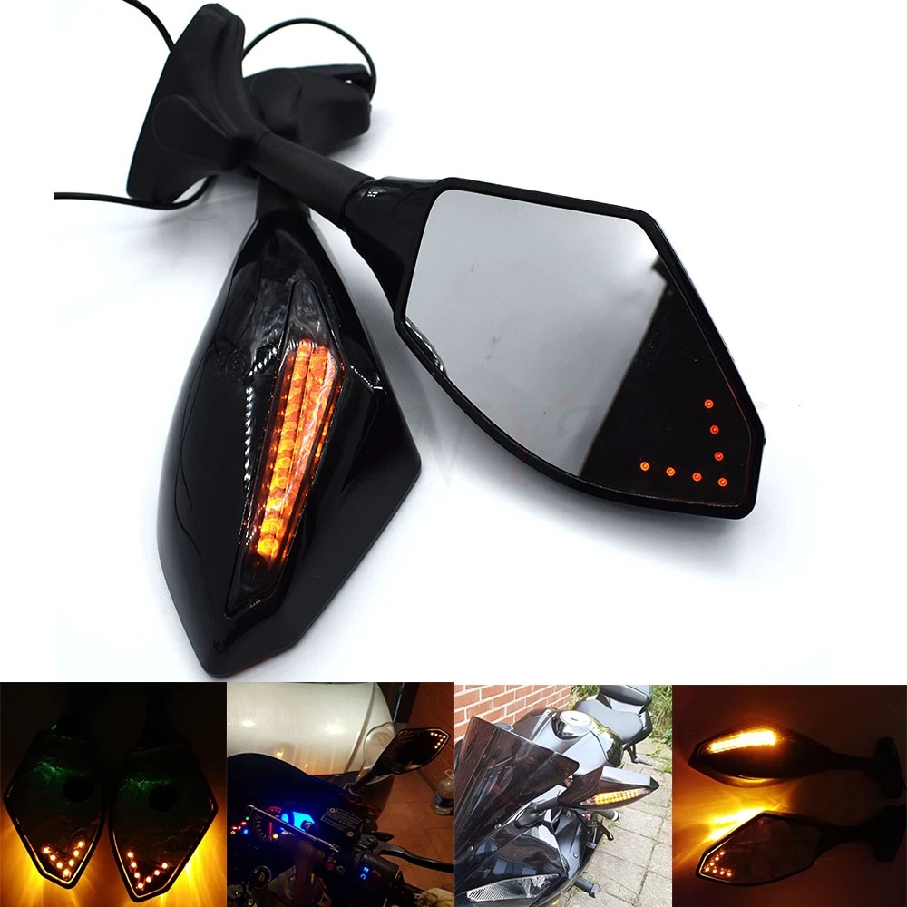 Universal Motorcycle Rear View Side Wing Mirrors w/ LED Turn Signal