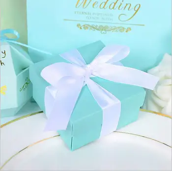 

50pcs 6.5*6.5*3.8cm Tiffany Blue Wedding Candy Box Wedding Favors and Gifts Souvenirs Box With Ribbons