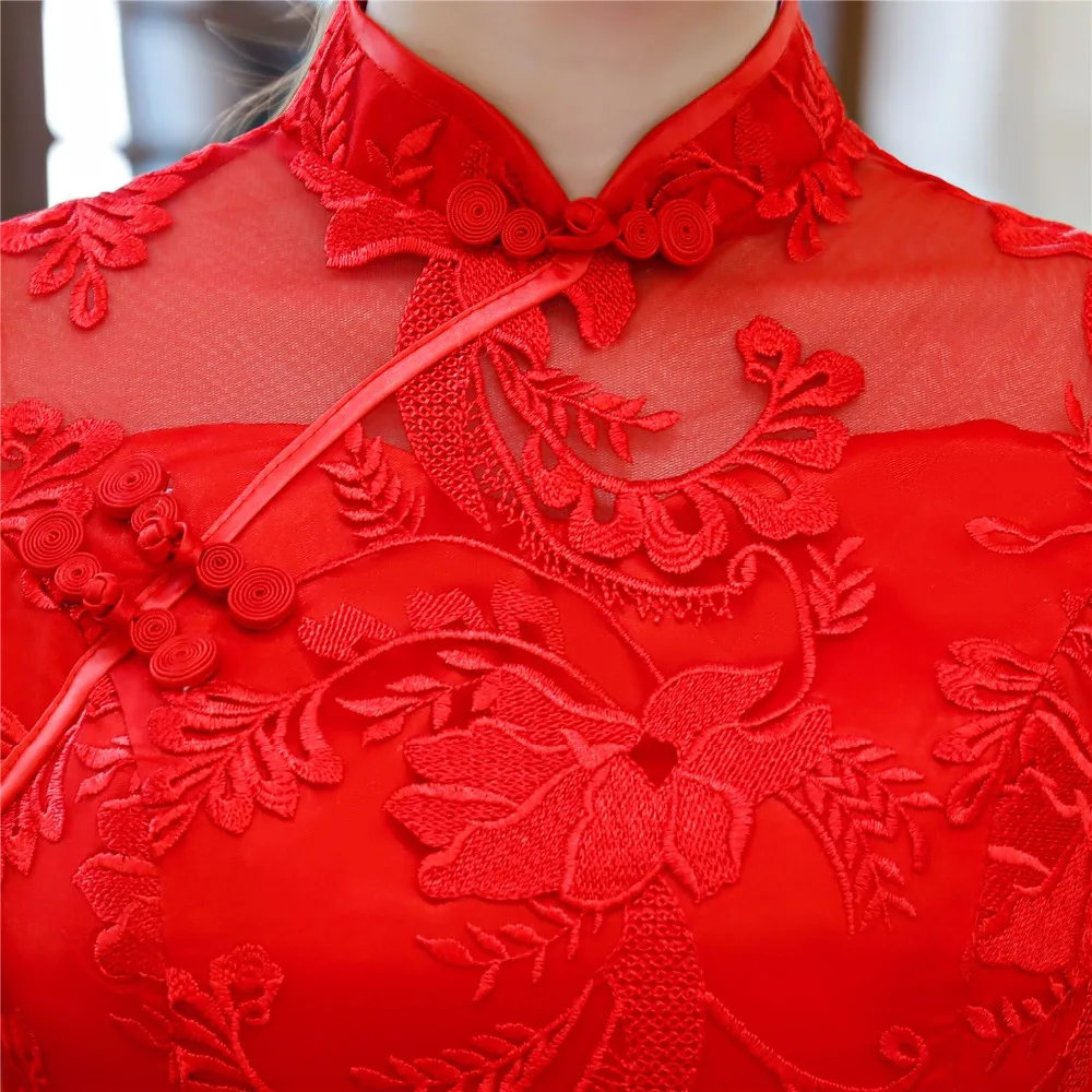 Шанхай история цветок вышивка Cheongsam платья Красные кружевные Qipao для Для женщин традиционное китайское платье свадебное платье