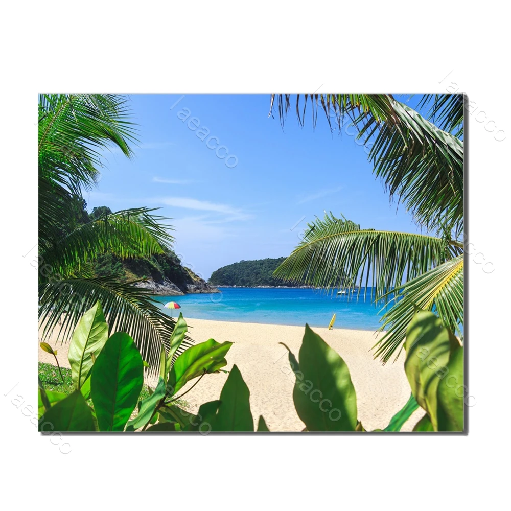 

Laeacco Green Leaves Wall Art Tropical Beach Sea Posters and Prints Living Room Nordic Painting in Canvas Home Decor No Frame