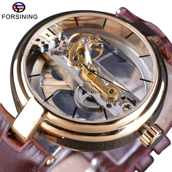 

Forsining Brown Leather Belt Golden Bezel Transparent Case Steampunk Double Sided Hollow Men Automatic Watches Top Brand Luxury