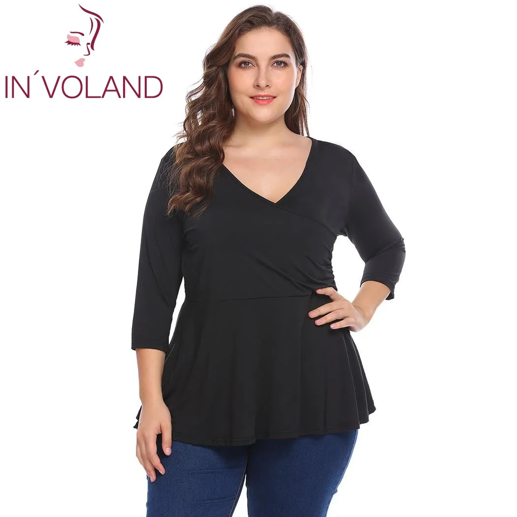IN'VOLAND размера плюс 4XL Женские винтажные футболки топы Осенние С v-образным вырезом одноцветные облегающие пуловеры с большой баской футболки больших размеров
