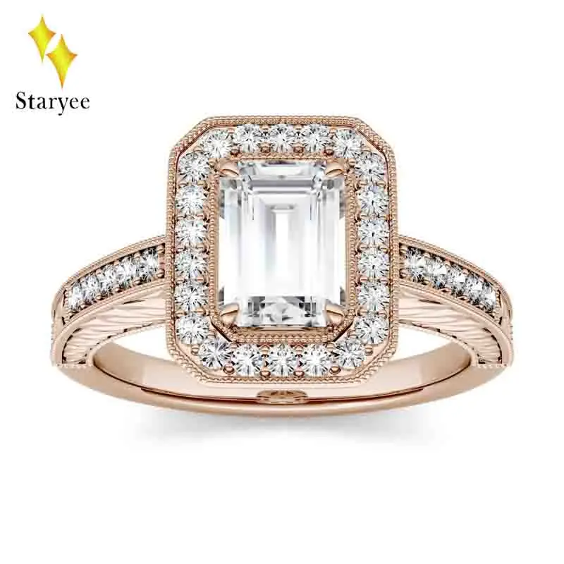 

Certified 1.0ct 7*5mm Emerald Cut Moissanite Engagement Band Halo Ring in 14K Rose Gold Diamond Wedding Set Rings For Women