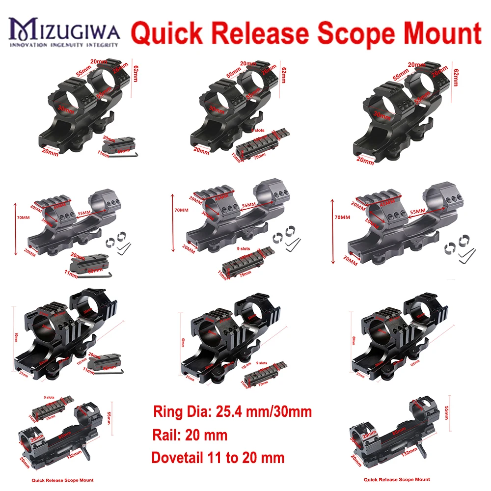 

QR Scope Mount 30mm 1 Inch 25.4mm Rings W/Stop Pin Zero Recoil Base 11mm to 20mm Adapter Picatinny Rail Weaver For Hunt Airgun