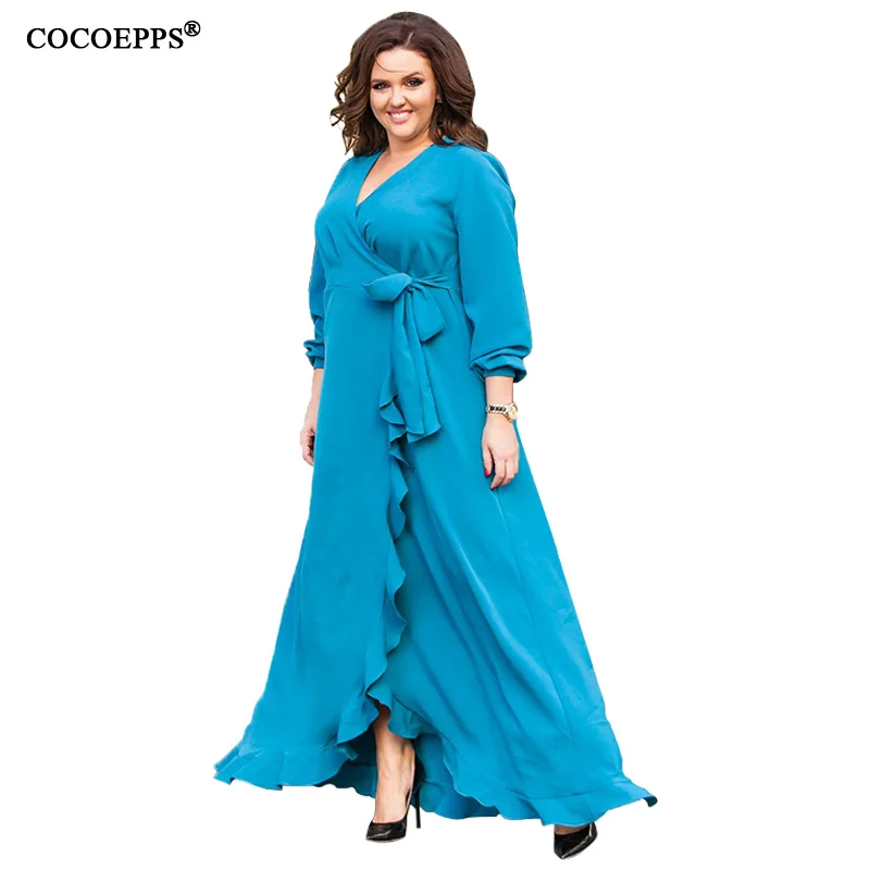 

5XL 6XL Plus Size Women Long Dress Winter Sexy V Neck Split Maxi Dress Blue Big Size Evening Party Dress Wrap Floor Length Dress