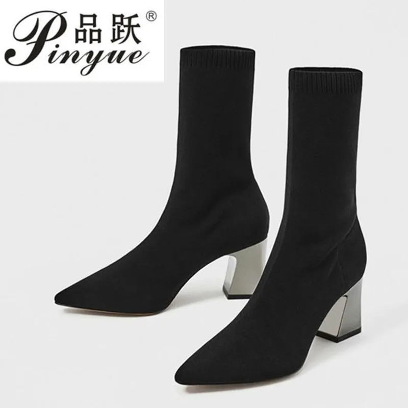 

Fashion Knit elastic boots Elastic Sock Boots Chunky High Heels Stretch Women Sexy Booties Pointed Toe Women Pumps Botas