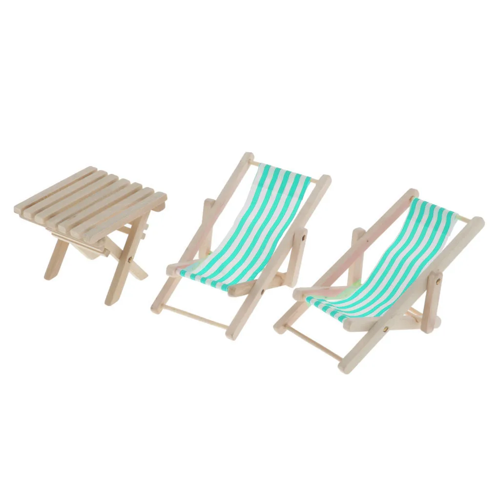 Mini Wooden Beach Chair Longue Deck Chair (2pcs) & Beach Table Crafts for 1/6 Dollhouse Funiture and Accessories