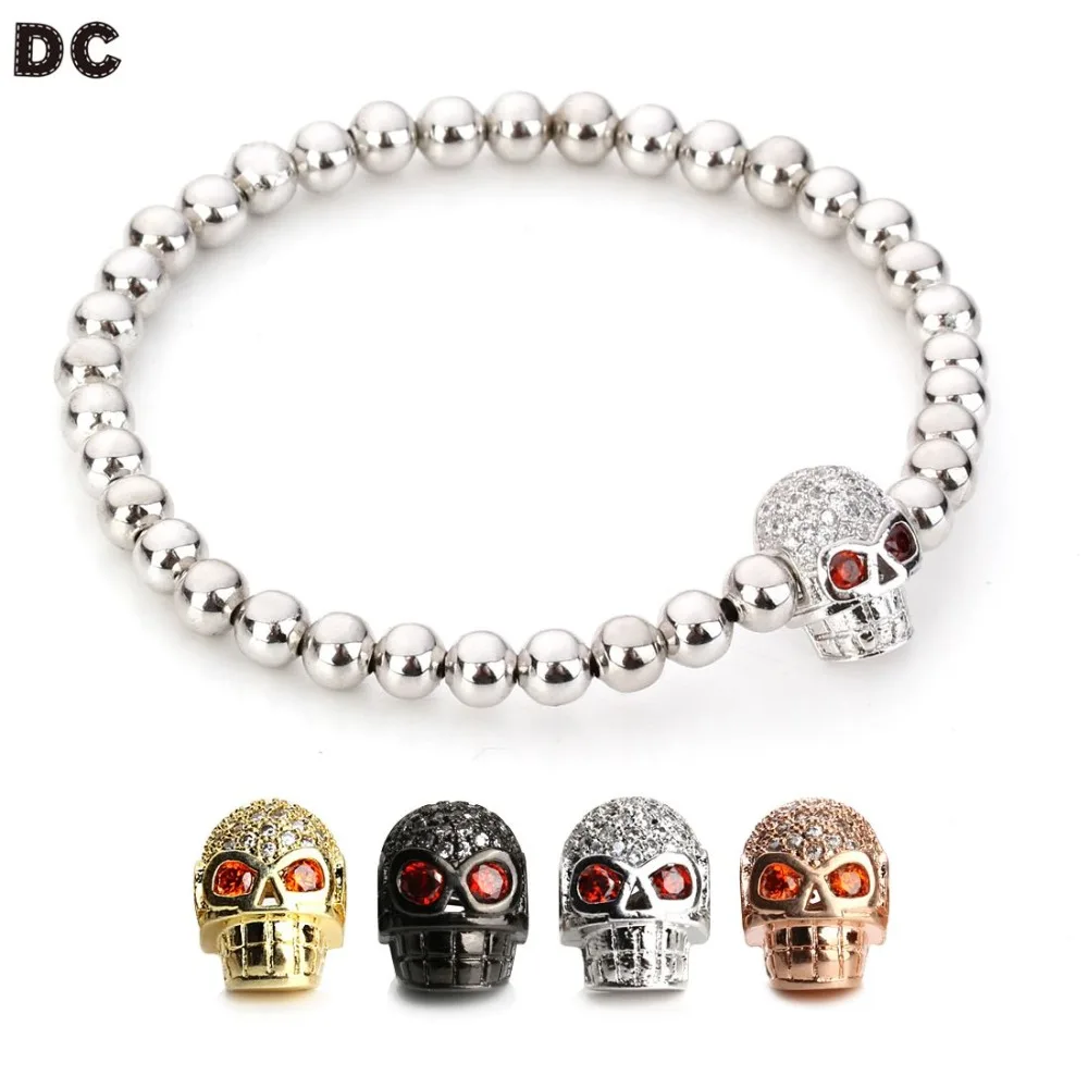 

DC 1pc Steampunk Metal Skull Bracelets Elastic Black Beads Chain Skeleton Men Bracelets Sets Male Hand Accessories