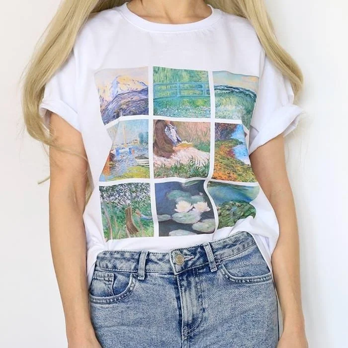 Skup HahayuleWomen w stylu Vintage Monet malarstwo T Shirt z miękkiej Grunge estetyczne podkoszulek z nadrukiem fajne lato topy