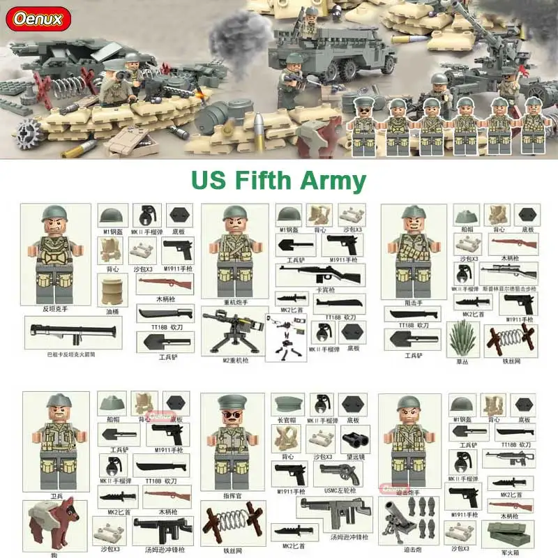 

Oenux New WW2 1943 Tunisia Campaign War Military US Fifth Army Figures Building Block Military Weapons Model Brick Toy For Boys