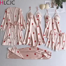 5 шт., женский сексуальный Шелковый Атласный халат, платье и пижамный комплект, клубничный милый комплект одежды для сна, осенне-летний комплект одежды для сна для женщин
