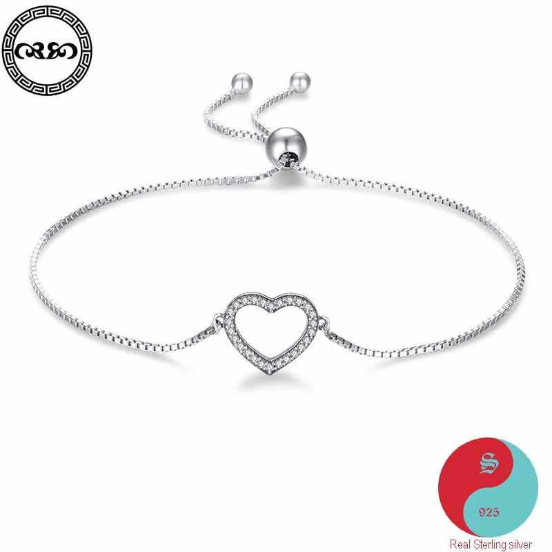 

Cute Real Pure 925 Sterling Silver Bracelet expandable glam diamant hollow out Love heart bracelet women's Luck Fine Jewelry