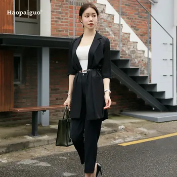 

2 Piece Set Autumn Women Black White Full Sleeve Elegant Office Lady Suit Top and Korean Vintage Pants 2018 Two Piece Set Ladies