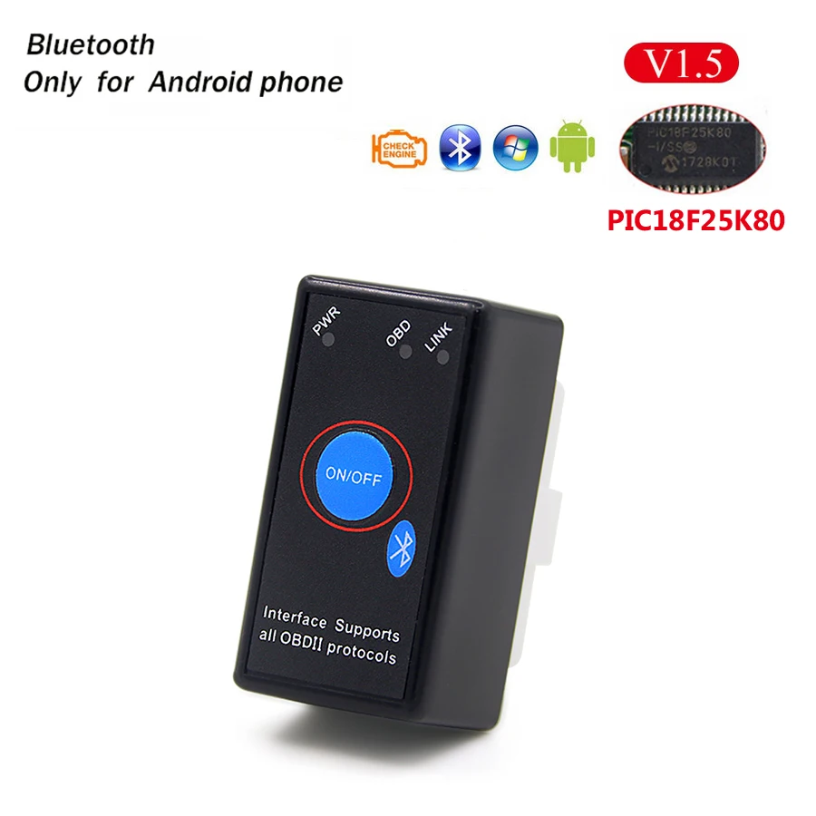 PANDUK Мини OBD2 ELM327 V1.5/V2.1 Bluetooth/wifi автомобильный диагностический инструмент чип PIC18F25K80 OBD код ридер работает Android/IOS 12 в автомобиль - Цвет: Bluetooth V1.5