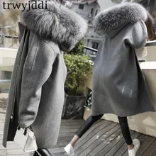 Новая зимняя Длинная шерстяная куртка с большим меховым воротником корейское толстое длинное шерстяное пальто с длинным рукавом на молнии Veste Femme A1604
