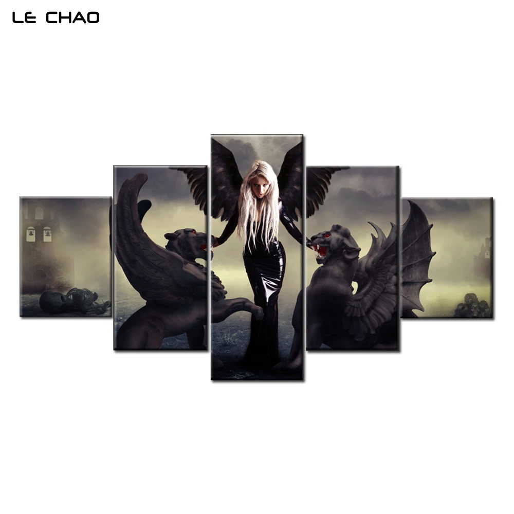 

LE CHAO Wall Art Canvas Painting Angel Demon Canvas Painting Wall Pictures for Living Posters and Prints Combination Poster Art