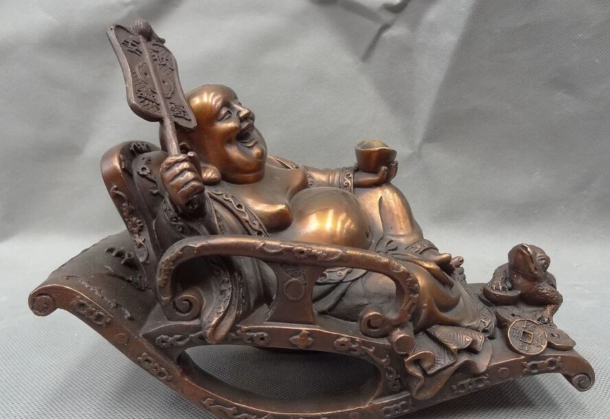 

song voge gem S4095 8" Chinese Pure Bronze Hoptoad Toad Sleep Happy Laugh Maitreya Buddha Statue